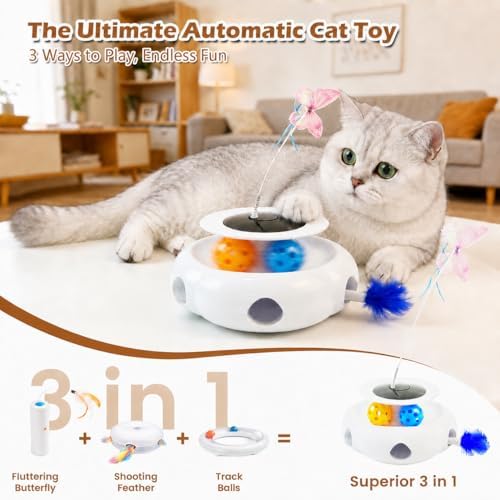 3-in-1 Interactive Cat Toy with Remote Control, Butterfly Wand & Automatic retractable feathers & Rolling Ball Track, Multi-functional Cat Toy for Indoor Cats, Suitable for Bored kitten, white