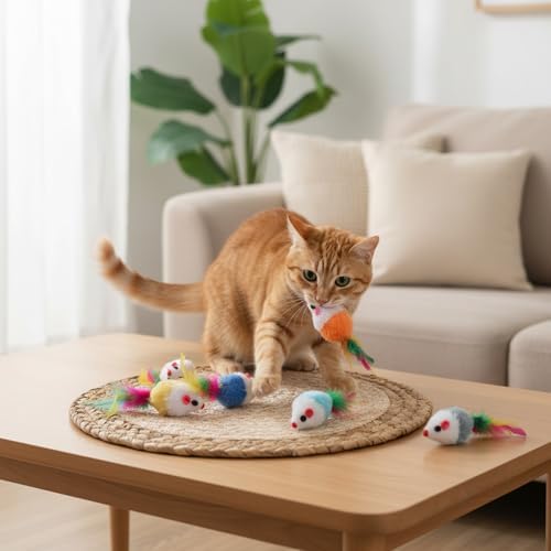 6 Pack Mouse Toys for Cats, Furry Rattle Interactive Mice Toys with Feather Tails Realistic Faux Fur Cat Mouse Toys for Indoor Cats & Kittens (6 Color)