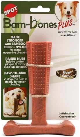 SPOT Bam-Bones Plus T Bone – Bamboo Fiber & Nylon Dog Chew Toy for Moderate to Aggressive Chewers, Durable Long Lasting & Non-Splintering, Beef Flavor Toy for Adult Dogs & Puppies Under 60 lbs, 6 in