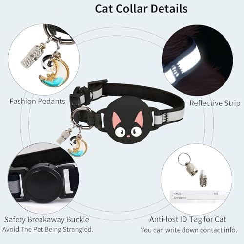 Reflective Breakaway Cat Collar for AirTag 1st & 2nd Gen Holder - Waterproof Safety Buckle Kitten Collar with Bell, Cute Luminous Lightweight GPS Tracker Case for Apple for Air Tag (Black)