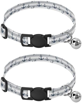 Navy Anchors Gray White Stripes Adjustable Buckle Dog Collar 2 Pack Collars for Cats