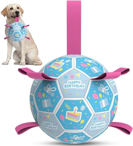 QDAN Dog Birthday Toys, Puppy Birthday Gifts, Dog Soccer Ball with Straps