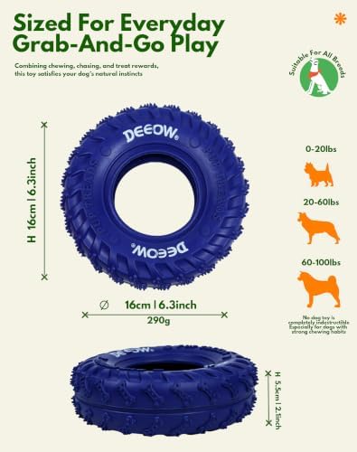 Deeow Rolling Dog Tire Chew Toy for Teething & Treat Dispensing-Blue 6.3''