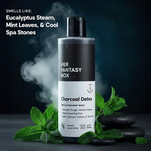Her Fantasy Box | Charcoal Detox Exfoliating Body Wash – Activated Charcoal & Pumice Deep Cleanser with Tea Tree & Eucalyptus, Refreshing Exfoliation for Smoother Skin, Vegan & pH Balanced (16 oz)