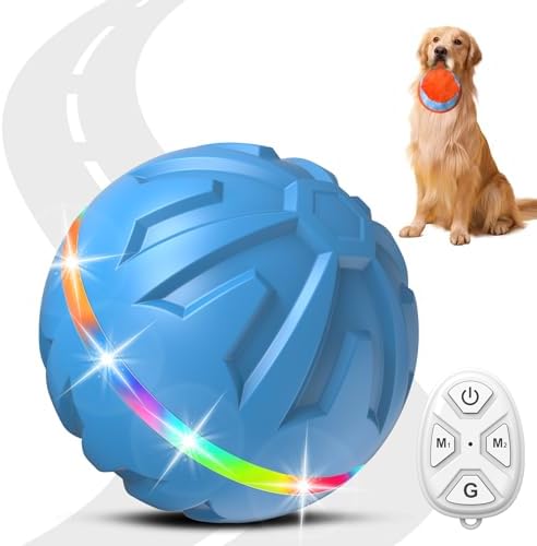 Dog Toys Dog Ball, Durable Motion Active Rolling Balls with Remote Control LED Light, Rubber Peppy Pet Balls for Medium Large Dogs, USB Rechargeable, 3.2-in Diameter (Blue)