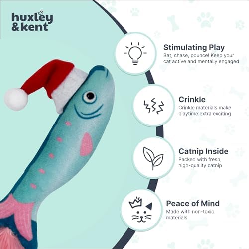 Huxley & Kent Plush Cat Toy - Holiday Interactive Catnip Toy for Cats & Kittens - Soft with Crinkle & Catnip - Fun Indoor Play - Fishmas Sardine Mint