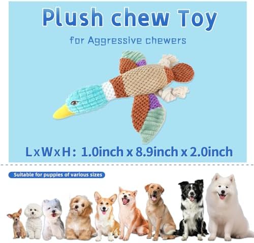Duck Dog Toys for Aggressive Chewers, Squeaky Crinkle Plush Puppy Chew Toy with Rope Legs for Small Medium Large Dogs, Stuffed Duck Dog Toy for Teething, Tug