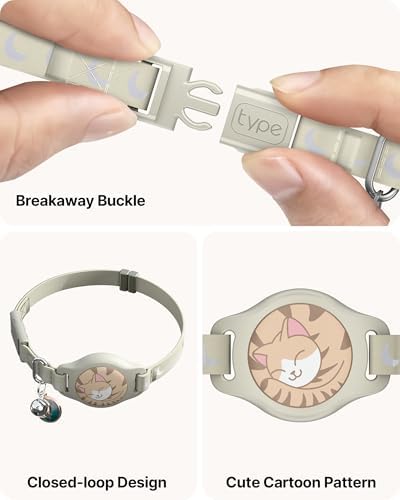 typecase Reflective Breakaway Cat Collar with AirTag Holder, Khaki & White | Khaki Reflective Breakaway Cat Collar With Bell And Silicone AirTag Holder; Adjustable 8-12 In; AirTag Not Included