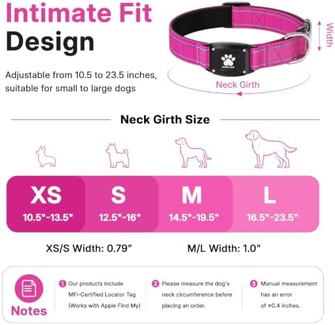 GPS Dog Collar with Tracker, Waterproof, No Monthly Fee, Hot Pink, M | Works with Apple Find My, iOS Only, MFi Certified, No SIM Card, for Medium Dogs, Reflective Padded Nylon, Neck 14.5-19.5 in