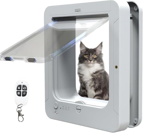 Deluxe Mart Microchip Cat Flap Smart Cat Door with 2 Sensor Collars & 1 Remote Control 4-Way Locking Opening Size 7.7 x 8.3 in for Interior & Exterior Use A