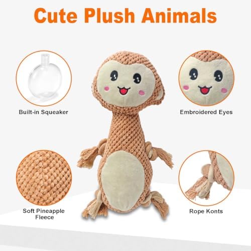 Light Brown Monkey Plush Chew Dog Toy, 13 in, Squeaker and Rope