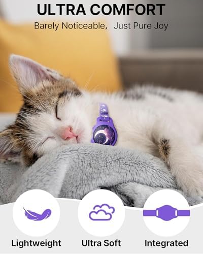 Cat Tracker Collar - Waterproof Airtag Cat Collar with Finder Tag, Purple | Compatible with Apple Find My (iOS ONLY), Breakaway Tractive Design with Reflective Pattern & Bell (Not for Android Devices)