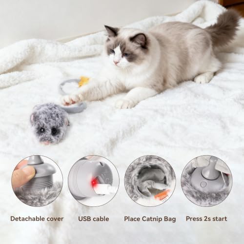 Migipaws Interactive MigiMouse Cat Toy 360° Rolling & Spin with Wiggling Tail for Indoor Cats Smart Motion Sensor, Realistic Squeak, Rechargeable Plush Kitten Toy(Grey Long)