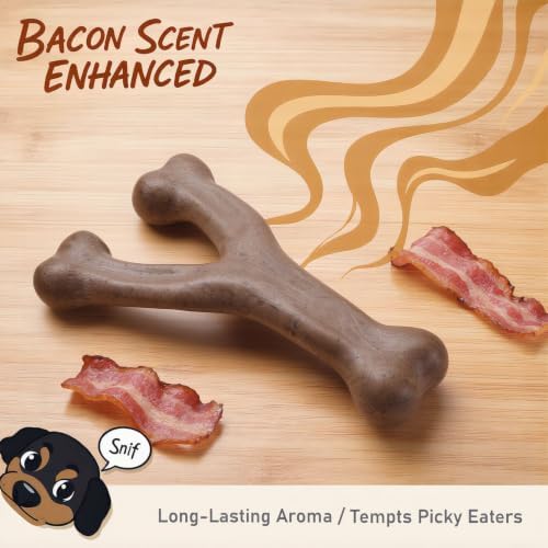 MECOOL Durable Nylon Dog Chew Toy – Bacon Flavored Y-Bone Shape for Aggressive Chewers, Tough Interactive Teething Bone for Medium Large Dogs, Long-Lasting Dental Chew Toy
