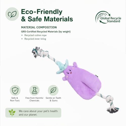 Green Sheep Interactive Plush Dog Toy, No Stuffing Squeaky Toy with Recycled Cotton Rope for Medium to Large Dogs, Chew Toy, Aubergine