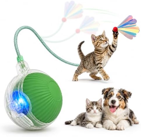 Interactive Cat Toy Ball with LED Lights – USB-C Rechargeable Automatic Cat Toy with Feather Tail for Indoor Cats & Kittens, Upgraded Version