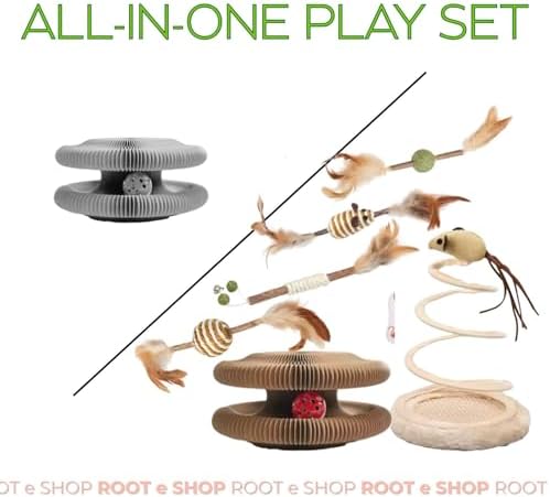 Interactive Cat Toy & Scratcher for Indoor Cats – Foldable Cardboard Cat Scratcher with Spring Toys, Feather Balls & Interactive Play Tower – Kitty Kurlz Enrichment Toy for Kittens and Adult Cats