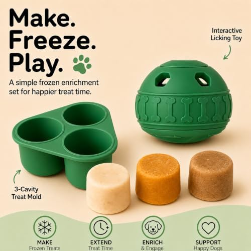 Frozen Treat Dog Toy Set with Freezer Tray, Interactive Rubber Chew Toy, Treat Ball Holder for Licking & Chewing, Dog Enrichment Toy to Keep Dogs Busy (Green)