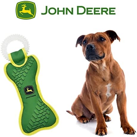 JOHN DEERE DOG DENTAL TEETHING RING TUG TOY & Nylon Squeak Bone Toy. TOUGH STURDY PET TOY with John Deere Logo. BEST DOG FIELD TOY for DOG OWNERS, Famers, Construction gigs, Builders, Landscaping fans