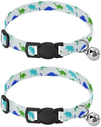 2 Pack Puppy Collar Dinosaurs Blue Breakaway Cat Collars with Bell, Adjustable Length 10.6" to 17.1"