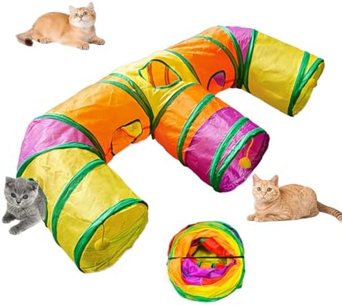3 Way Collapsible Cat Tunnels with Interactive Ball, E Shape Folded Pet Tube Toy for Indoor Cats, Puppy, Kitty, Kitten, Rabbit