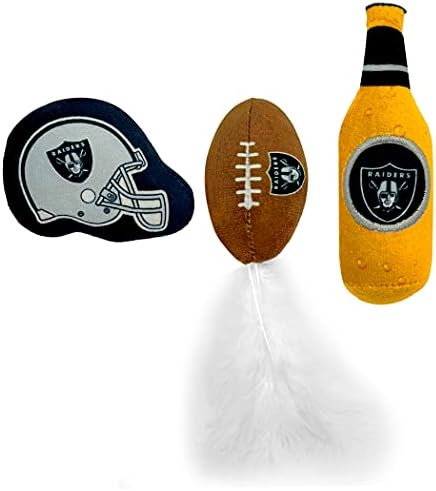 BEST PLUSH CAT TOY - NFL LAS VEGAS RAIDERS Complete Set of 3 piece Cat Toys filled with Fresh Catnip. Includes: 1 Helmet Cat Toy, 1 Football Cat Toy with Feathers & 1 Beer Bottle. Beautiful Team LOGOS