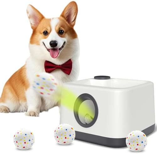 Automatic Dog Ball Launcher, Dual Auto-Manual Modes with Dog Barking Sound, Interactive Dog Fetch Toy, 3 Adjustable Distances, Dog Balls Thrower for Small & Medium Dogs, with 4 Durable ETPU Balls
