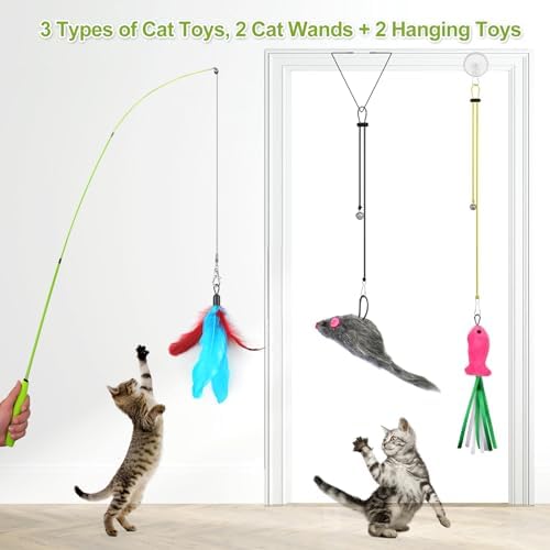 ChicWow Interactive Retractable Cat Wand & Hanging Toys for Cats - 2 Wands, 2 Hanging, 7 Teaser Cat Toys for Indoor Adult Cats Kitten, Includes Feather, Mouse, Fish, Worm, 1 Spare Elastic Rope