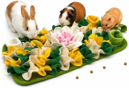 Rabbit Busy Snuffle Mat,Hamsters Foraging Mat for Small Animals Bunny Puzzle Toys Pets Interactive Feeding Mat for Guinea Pigs Hedgehog Chinchilla Puppies (White)
