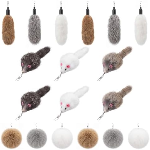 18 Pack Natural Rabbit Fur Cat Toy Refills, Mouse Tail Fur Ball Shaped Cat Toys, Interactive Cats Wand Toy Replacement Head with Secure Connector(Mouse,Tail, Pom Pom)