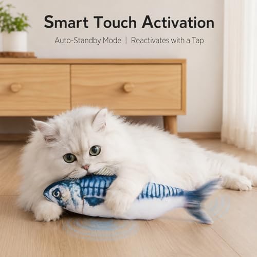 Flopping Fish Cat Toy, Interactive Moving Plush Cat Kicker Toy with Catnip Pocket, USB Rechargeable Automatic Wiggle Mackerel Toy for Indoor Kitten & Small Dogs, Single Mackerel（11.02Inch）