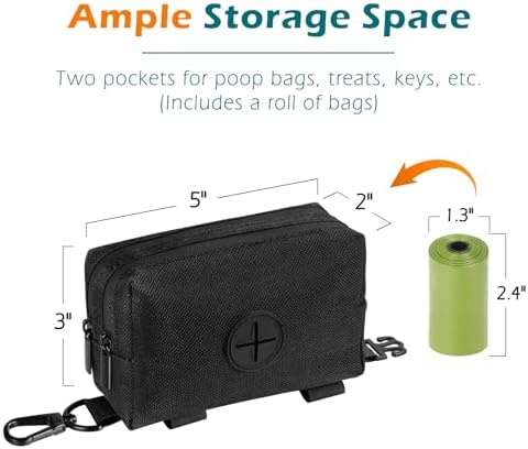 PetBonus Dog Poop Bag Holder, Portable Pet Waste Bag Dispenser, 2 Pouches for Treats and Walking Accessories, Fit All Leashes, Includes 1 Roll of Dog Poop Bags (Black)