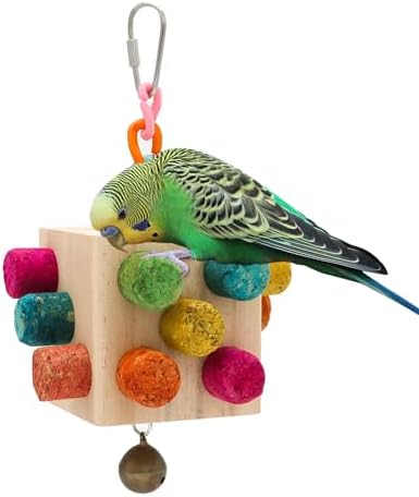 Square Bird Chew Toy, Parrot Cork Stopper Toys Bird Swing Bell Hanging Wooden Puzzle Foraging Toys Small Bird Bite Perch Stand, Small and Medium Parrots (1 Pack-Square Cork Stick)