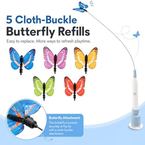 Rechargeable Butterfly Cat Toy for Indoor Cats, Electric Cat Wand with Suction Cup Base, 2 Play Modes, Self-Play & Handheld Cat Wand with 5 Cloth-Buckle Butterfly Refills, Blue