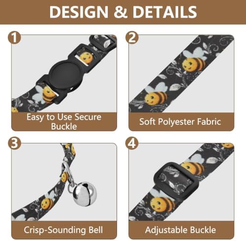 Cute Cartoon Bees White Wings Puppy Collar with Bell 2 Pack Kitten Collars Adjustable 10.6 to 17.1 Inches