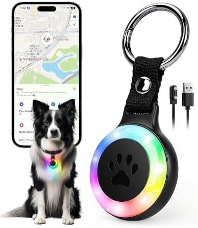 Pet Tracker for Dogs Cats, Location & LED Night Light Tag, No Monthly Fee | Compatible with iPhone, Compatible iOS, IPX7 Waterproof Collar Tag, 360-Day Battery, Paw Print Design, Lightweight 25g