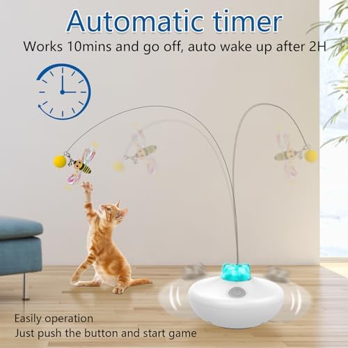 Oxawo Interactive Cat Toys Indoor Cats Toy Automatic Moving Feather Wand | Flying Feather Wobble Base Rechargeable Cat Toy, Extra Long Feather Wand Spin Cat Game & DIY Tails On