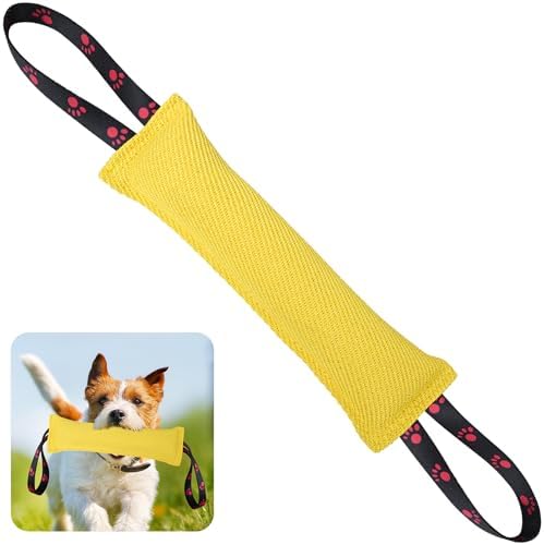 ToLanbbt Dog Tug Toy Bite Jute Pillow Pull Toy with 2 Strong Handles Perfect for Tug of War, Puppy Interactive Play, Tear Resistant Bite Training for Small Medium Large Dogs (Bright Yellow-Footprint)