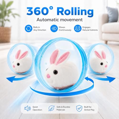 Self Rolling Interactive Cat Ball, Automatic Moving Cat Toy with Plush Animal Inside, 360° Rolling Cat Chasing Ball with Transparent Ball for Cats Dogs Small Pets (Blue,Rabbit)