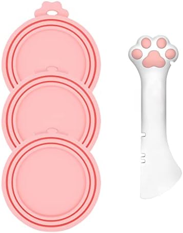 3 Pcs Pet Food Can Lids & One Can Spoon | Cute Paw Shape Opener Spatula Cat Wet Food Spoon | Universal BPA Free Silicone Covers for Dog Cat Cans(Pink)