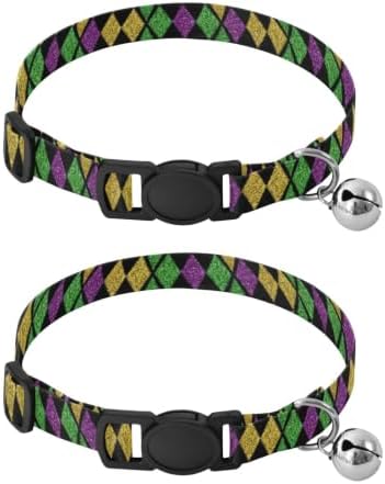 2 Pack Kitten Collar Mardi Gras Argyle Black Cat Collar Breakaway with Bell, Adjustable Length 10.6" to 17.1"