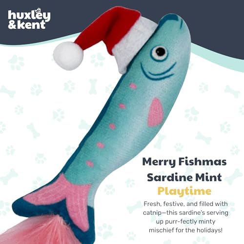 Huxley & Kent Plush Cat Toy - Holiday Interactive Catnip Toy for Cats & Kittens - Soft with Crinkle & Catnip - Fun Indoor Play - Fishmas Sardine Mint