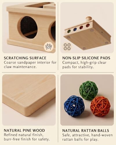 4-in-1 Wooden Interactive Cat Toy with Scratching Post & 3 Rattan Bell Balls - Cat Puzzle Box Treat Maze, 360° Rotating Spinning Teaser with Hanging Pom Poms, Durable Sisal Scratcher for Indoor Cats