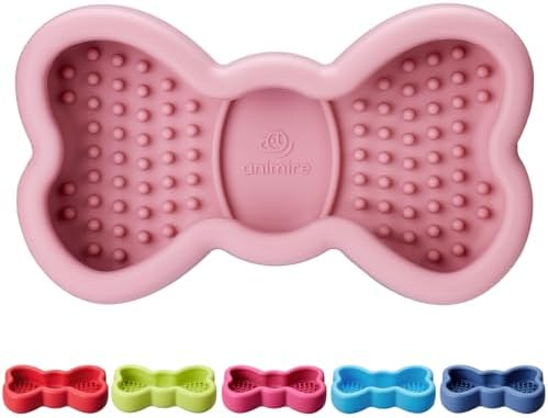 Lick Mat for Dogs, Animire Anti-Spilled Bow Tie Lick Bowls for Anxiety Relief, Silicone Slow Feeder Licking Pad with Suction Cups, Freezeable Dog Enrichment Toy for Boredom and Distraction(Pink,L)