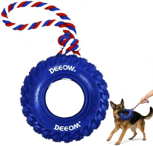 Deeow Tether Dog Tire Chew Toy for Teething & Treat Dispensing-Blue 6.3''