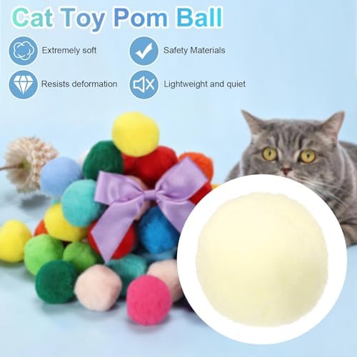 Cat Toy Pom Ball, Interactive Cat Ball Toys Fuzzy Pompoms (Plush, 1.2Inch, 30Pcs, Creamy Yellow) for Kittens Pet Enrichment Training Play Indoor
