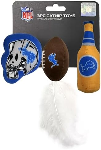 Best Plush CAT Toy - NFL Detroit Lions Complete Set of 3 piece Cat Toys Filled with Fresh Catnip. Includes: 1 Helmet Cat Toy, 1 Football Cat Toy with Feathers & 1 Beer Bottle. Beautiful Team Logos