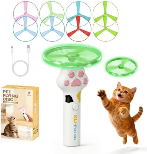 Cat Fetch Toy, Electric Cat Disc Launcher Toy with 8 Flying Spinners, Interactive Cat Toy for Indoor Cats and Bored Kittens, Bendable Discs, Rechargeable Paw Design（White）