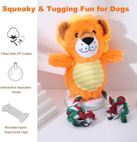 Lion Plush Dog Toy with Rope and Squeaker for Small Medium Dogs