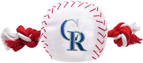 Pets First MLB Colorado Rockies Baseball Rope Toy for Dogs & Cats. Tough Nylon, Sporty Baseball Design, Heavy-Duty Ropes with Inner Squeaker